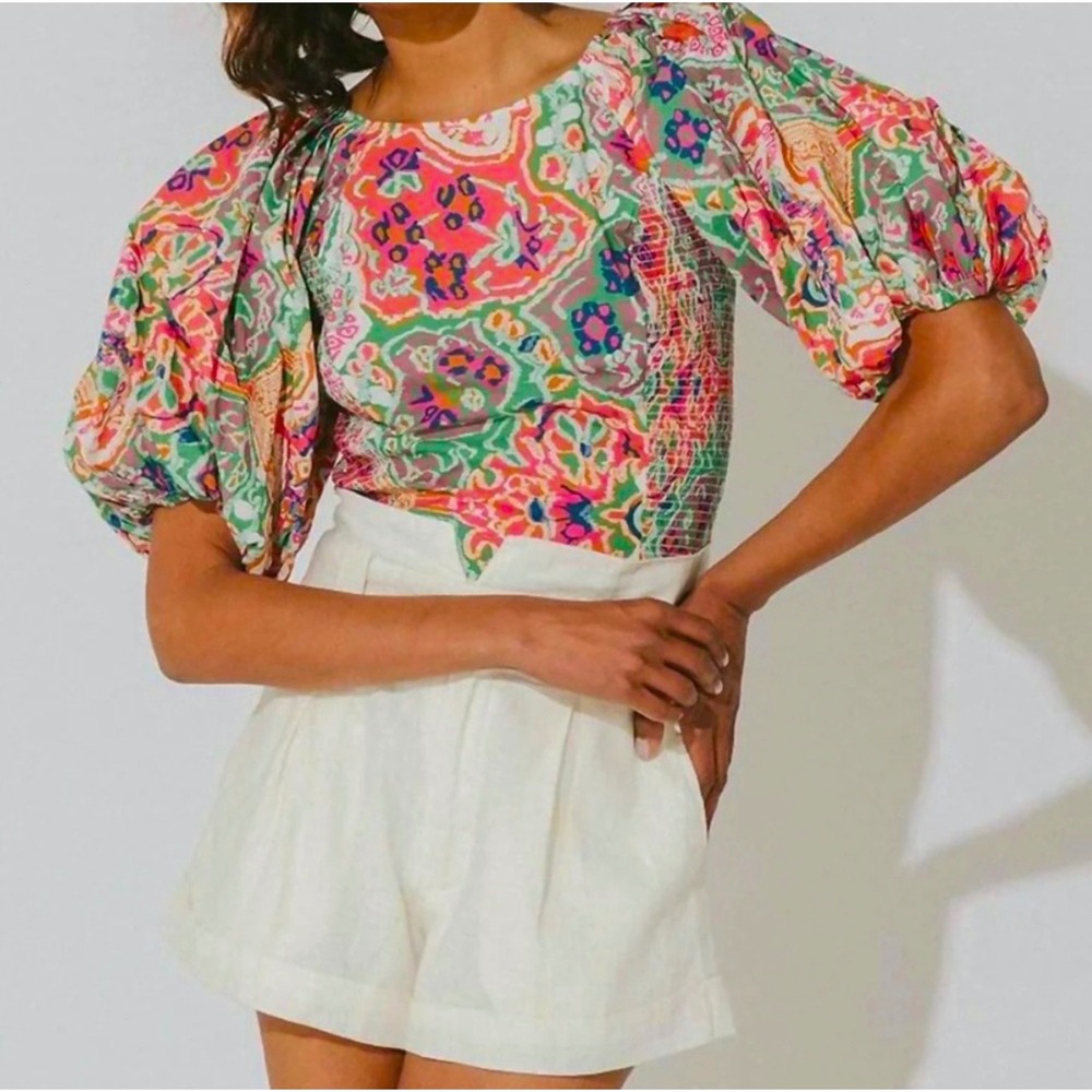 Cleobella Boho Crop Top XS Puff Sleeve Smocked Floral Festival Bright